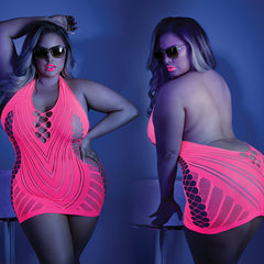 Fantasy Lingerie Glow Shock Value Halter Dress-Neon Pink Queen-Boxed - Eros Fine Goods