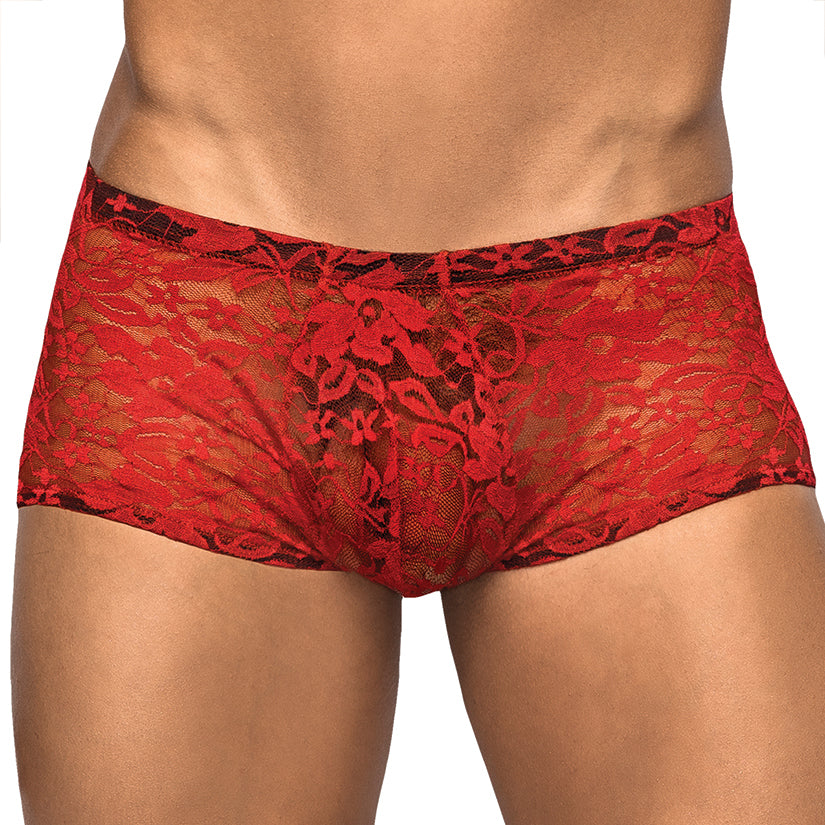Male Power Stretch Lace Mini Short-Red Medium-Boxed - Eros Fine Goods
