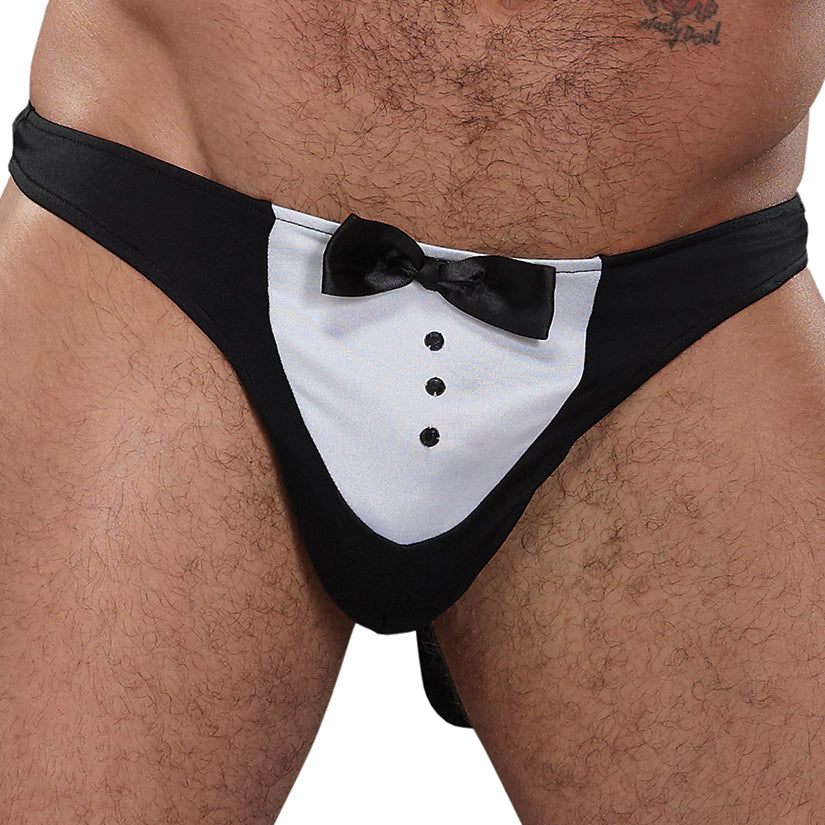 Male Power Novelty Maître D' Thong-Black One Size-Boxed - Eros Fine Goods