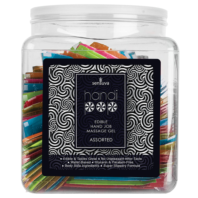 Sensuva Handi-Pop Hand Job Massage Gel Foil-Assorted Tub of 100 - Eros Fine Goods
