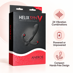 Aneros Helix Syn V feature guide: 24 vibration combinations, powered or unpowered use, compact hands-free design
